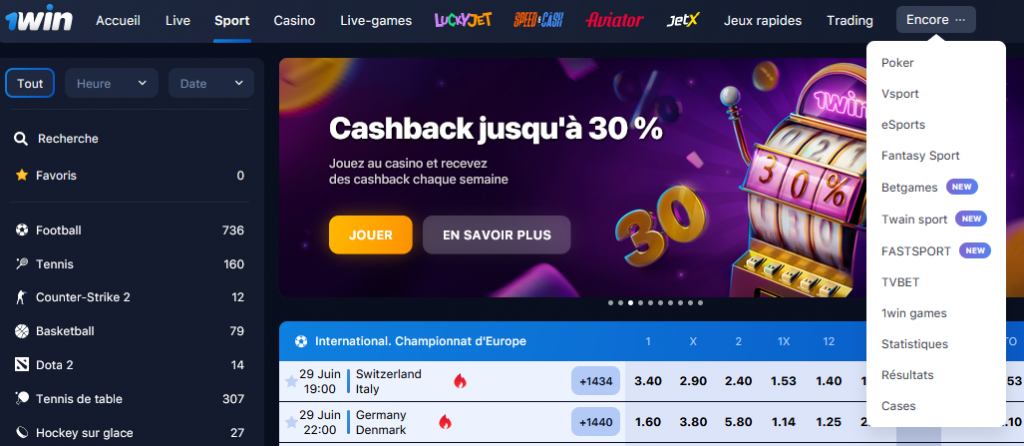 Catégories de jeux de hasard chez 1Win