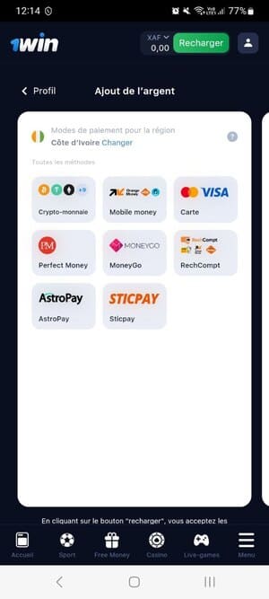 Retirer des fonds en utilisant l'application 1Win en Côte d'Ivoire