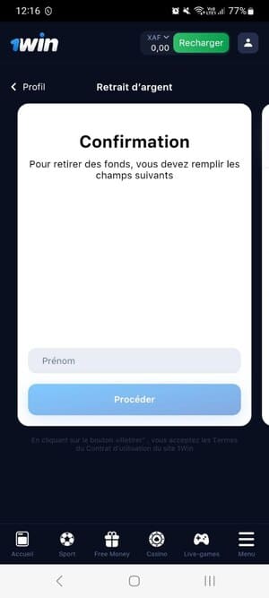 Confirmation du retrait de 1Win